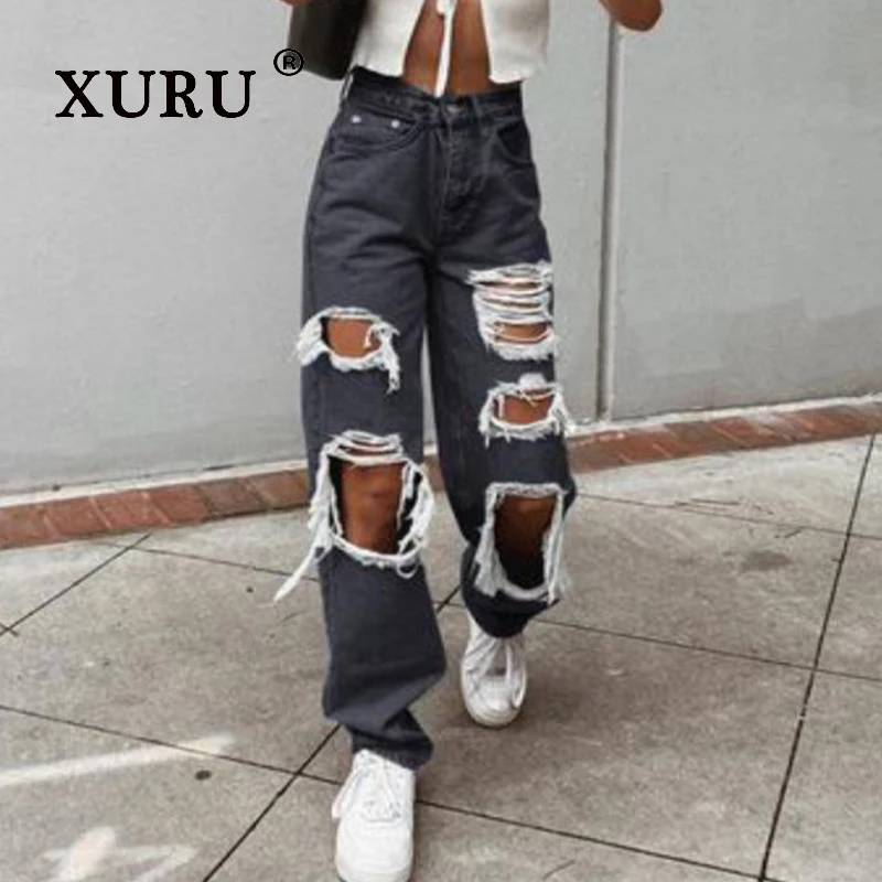 

XURU - New Women's Street Wind Piercing Jeans, Y2k Clothing High Waist Thin Wide Leg Long Jeans Men's Pants