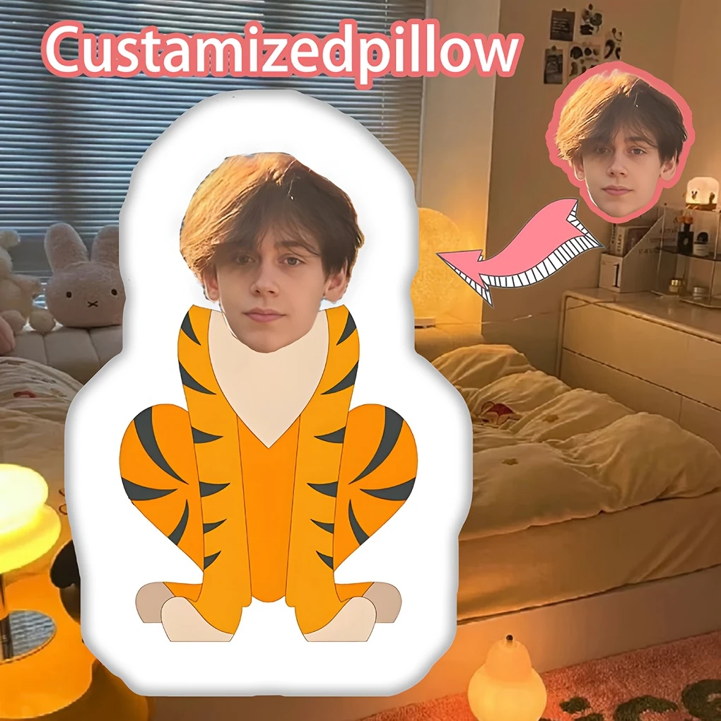 A Custom-Designed Pillow Featuring a Tiger Template, Perfect for Personalizing with a Face Photo. It'S Hand Washable, Suitable f