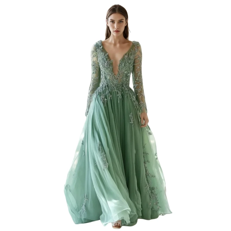 Sage Green Long Sleeves Prom Dress Sheer V-neck Lace Appliques Tulle A-Line Evening Formal Gown Customized Party Wear