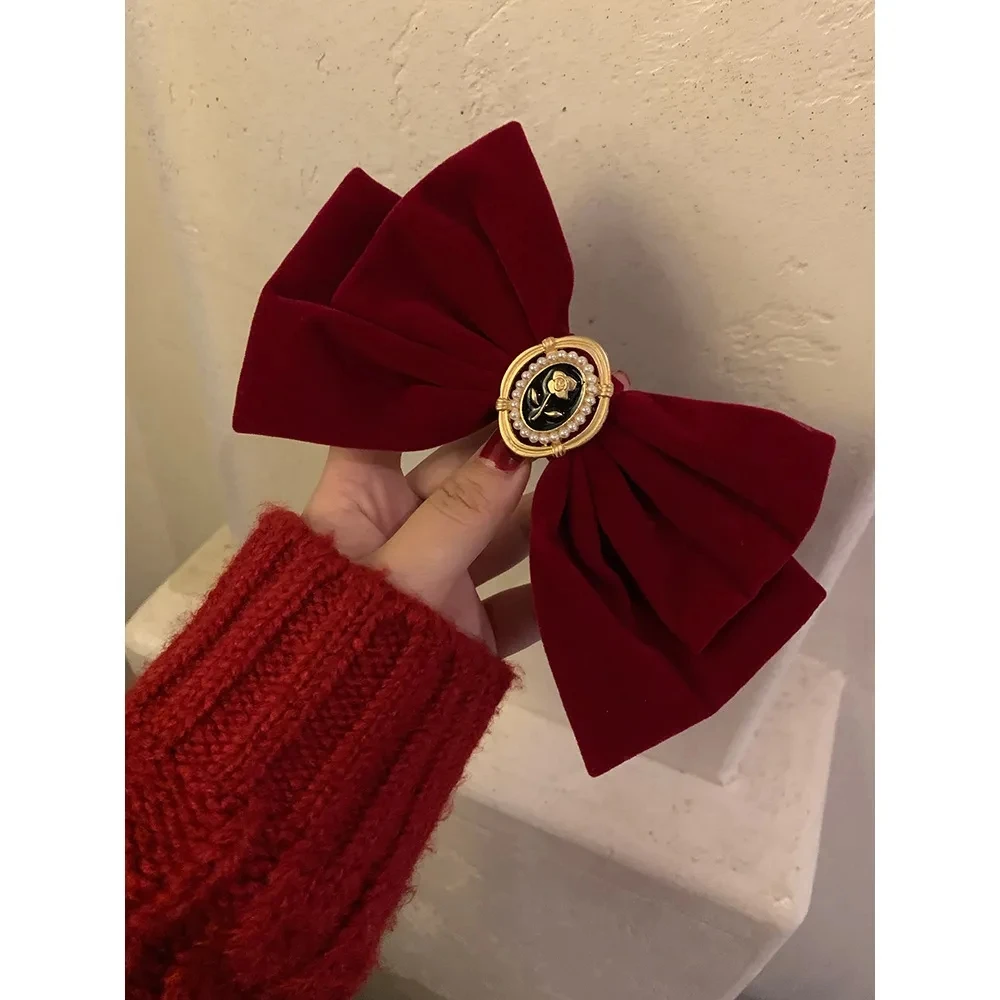 New Wine red Velvet Bow Hair Pins Elegant Fabric Alloy Roses Hair Clips for Women Fashion ponytail Barrette Heawear Accessories