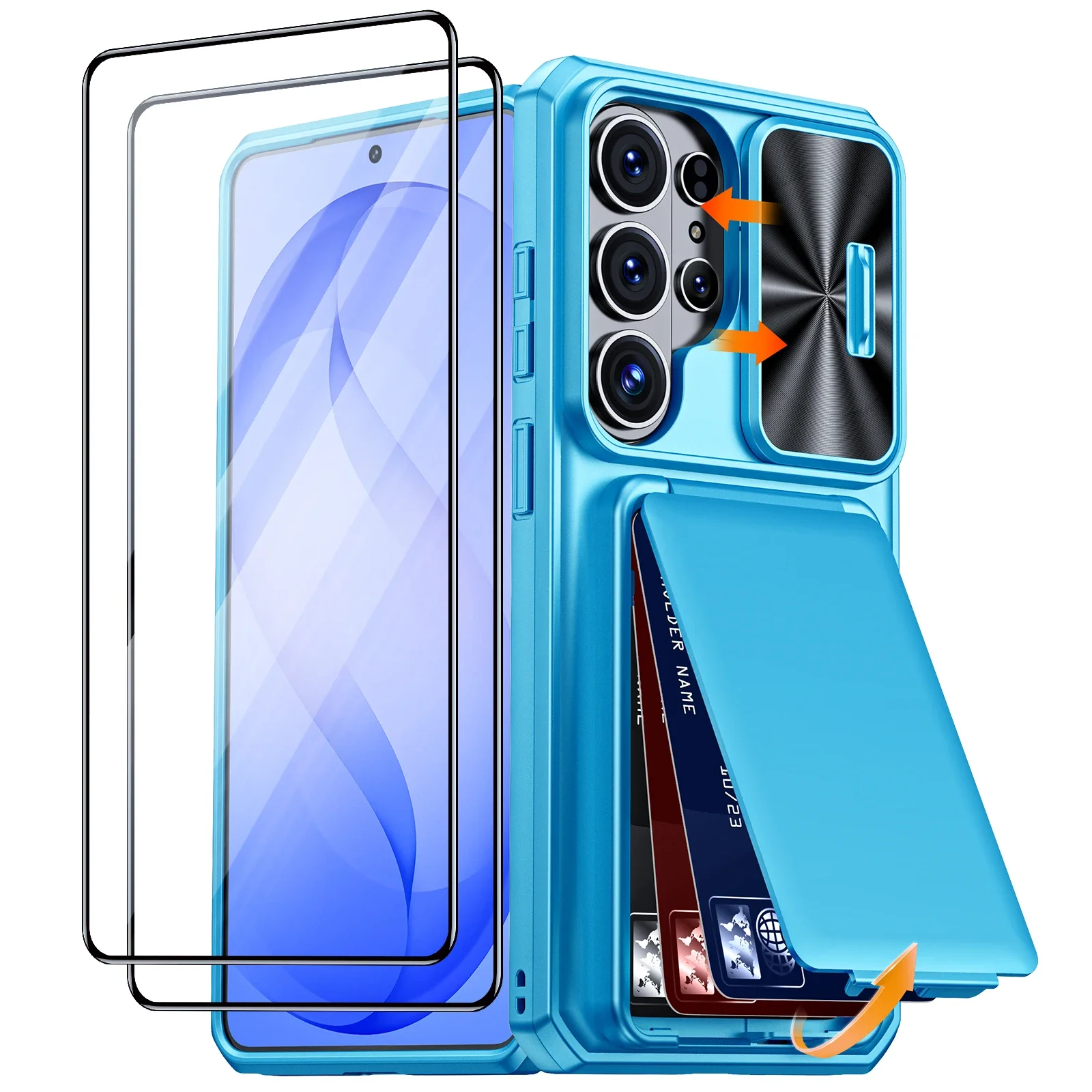 

Cards Holder,Camera Cove,Full Body Rugged Shockproof Silicone Wallet RFID Protective Phone Case for Galaxy S26 Ultra-Light Blue