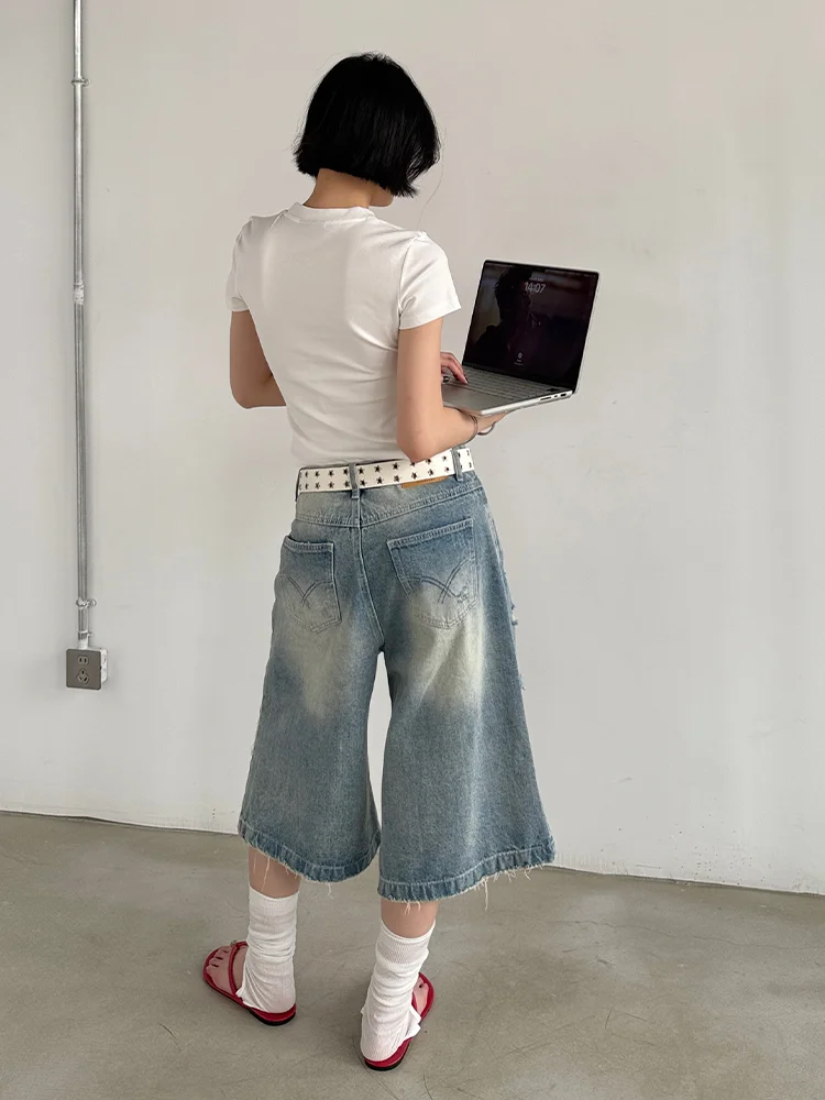 

Large Size American Retro Waed Denim orts Women's Spicy Girl Lazy Sle Loose Bf Casual Seven-Foot Jeans High Waist Strai...