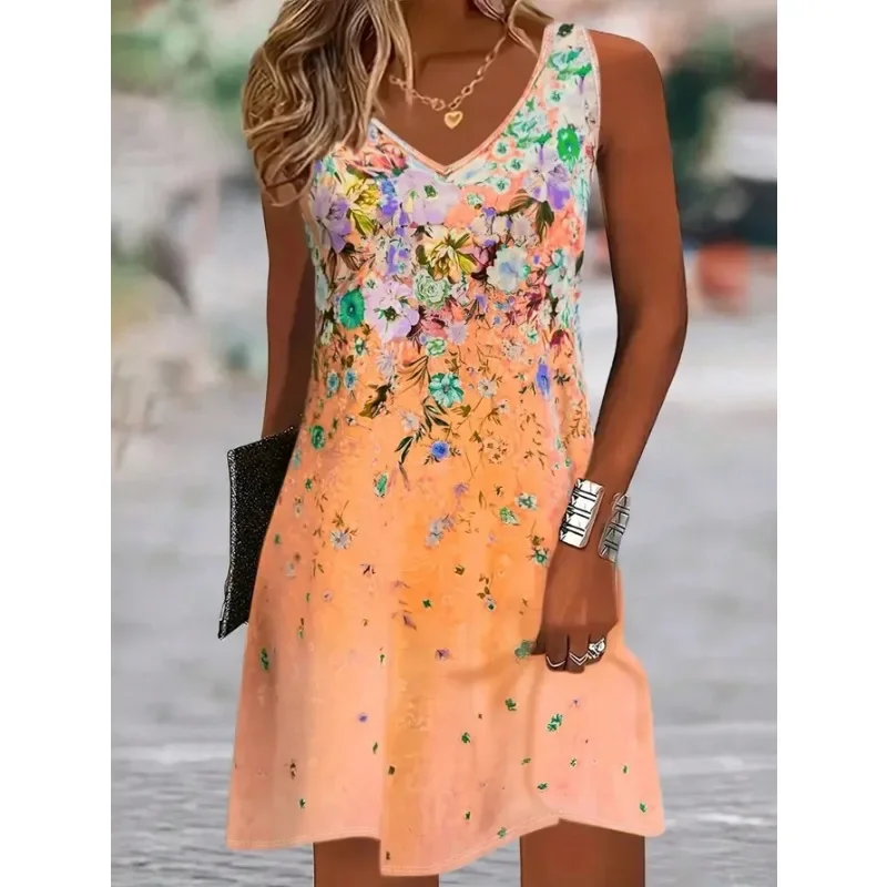 

Плюс размер 1XL-5XL женское модное пляжное платье с v-образным вырезом и принтом женское повседневное удобное платье без рукавов с цветочным принтом