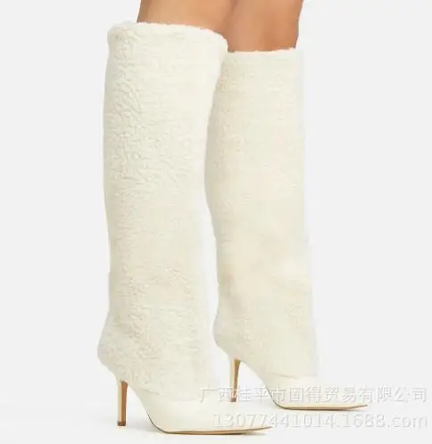 

Winter Women White Black Brown Fur Leather Patchwork Pointed Toe Stiletto Heel Knee High Boots Tube Slip On Long Boots Shoes