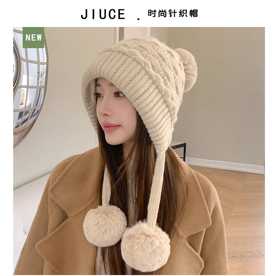 Women's Lazy Style Thick Double-Layer Rabbit Fur Hat Winter Cold-Proof Three-Pile Ear Protection Velvet Face Cover Knitted Cap