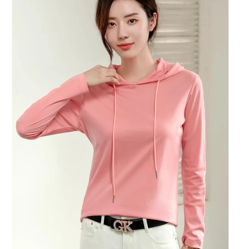 Silky cotton hooded sweatshirt T-shirt for women in spring 2025 new pure cotton versatile light luxury thin fashion base shirt