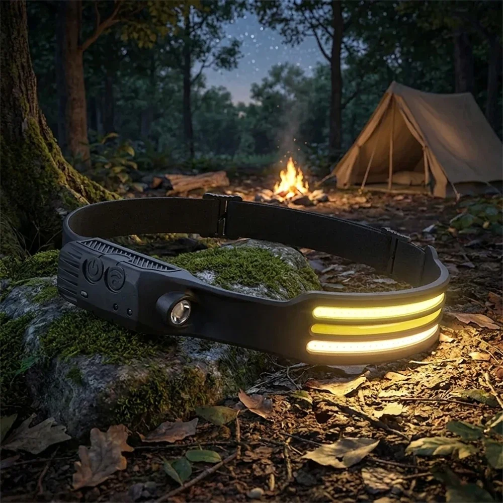 

COB LED Sensor Headlamp USB Rechargeable Built-in Battery Flashlight with 5 Lighting Modes Hand Wave Induction Head Torch Waterp