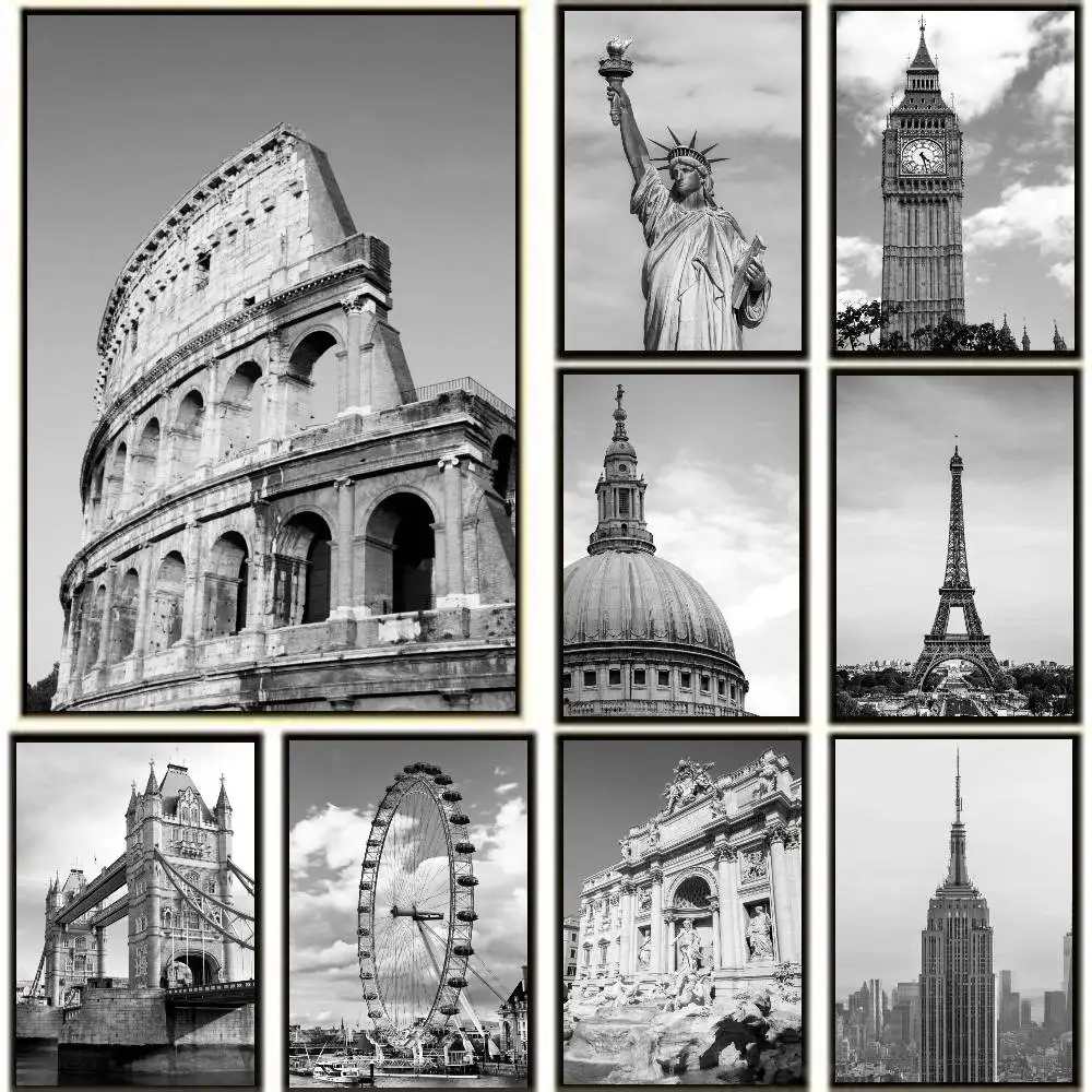 Black And White London Tower Bridge Rome New York Posters High Quality Self-adhesive Wall Art Decorations Color Prints Sticky
