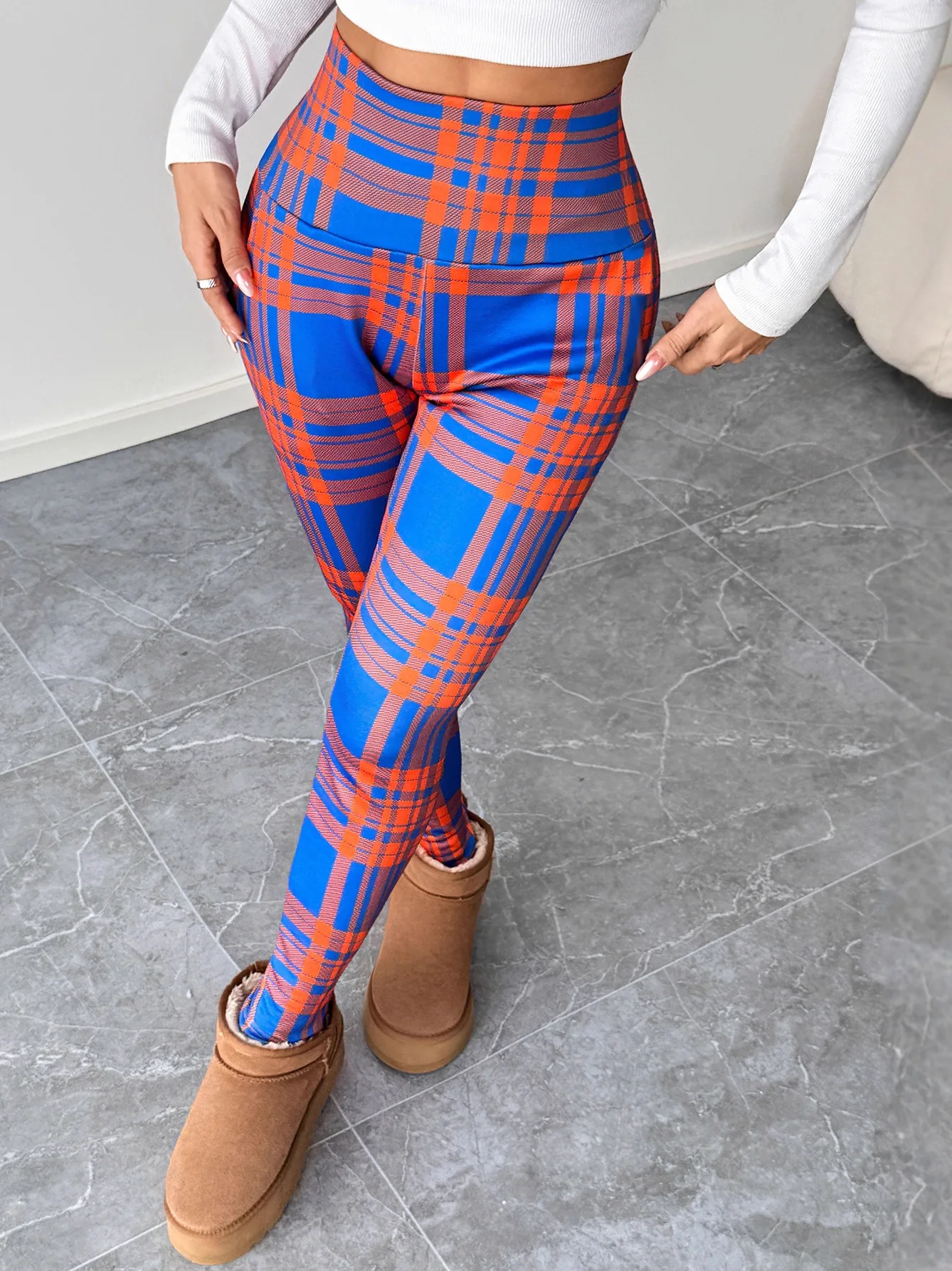 

Bright Color Contrasting Plaid High Waist Lamb Wool Pants Warm Nine-Piece Length Polyester Fiber Other Material Boting Pants