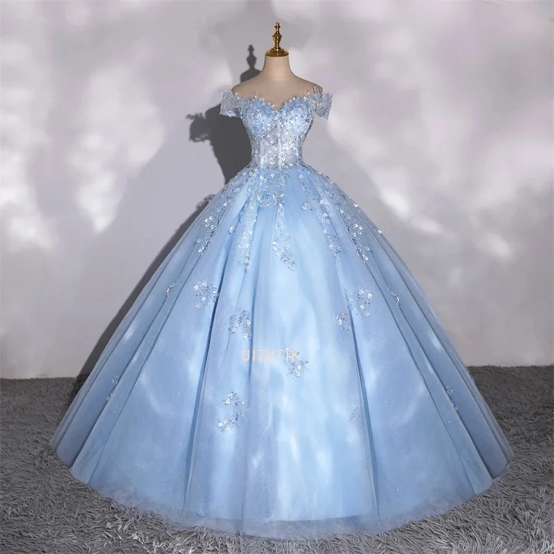 

Платье Quinceanera по индивидуальному заказу, бальное платье, синие роскошные блестящие вечерние платья, элегантное платье с открытыми плечами, 15-летнее платье для выпускного вечера