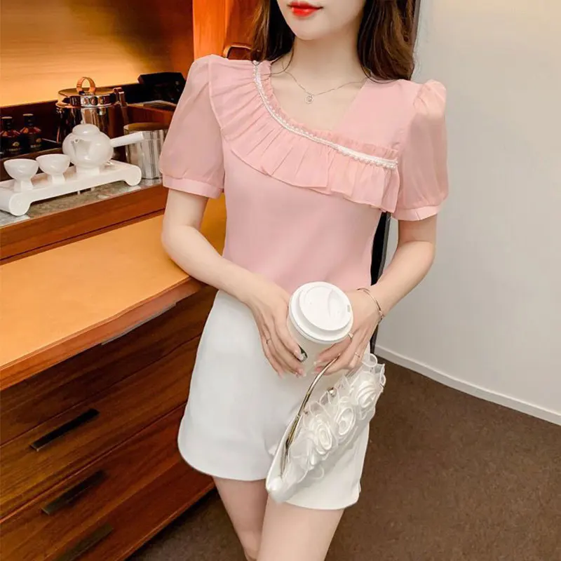 Women Clothes Summer Simplicity Solid Color Patchwork Short Sleeve Shirts Women's Fashion Elegant Temperament Casual Tops