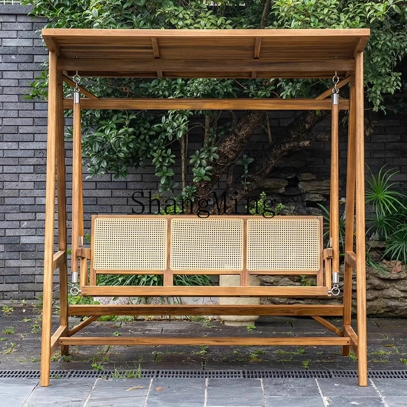FGgood-lookingChinese-style villa yard solid wood three-person rocking chair outdoorcourtyard terrace garden outdoor swing chair
