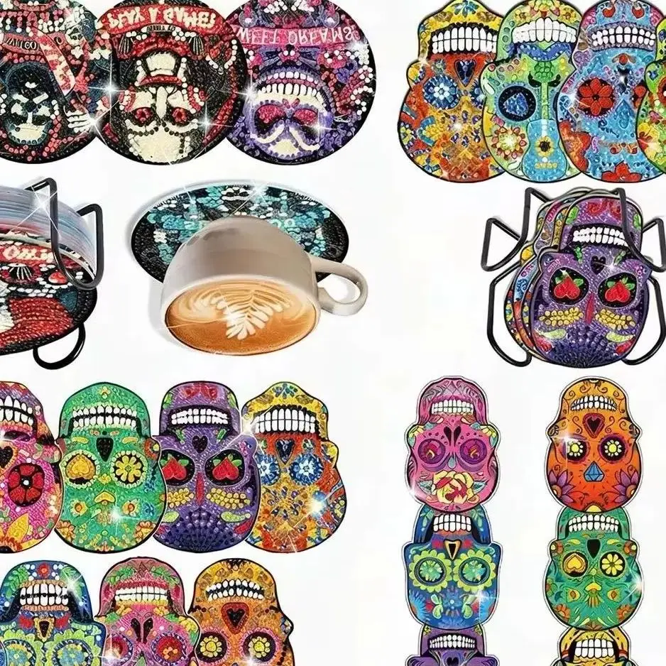 

Clown Horror Personality Punk style Skull Pattern Halloween DIY Diamond Painting Coasters with Holder Cartoon Souvenirs