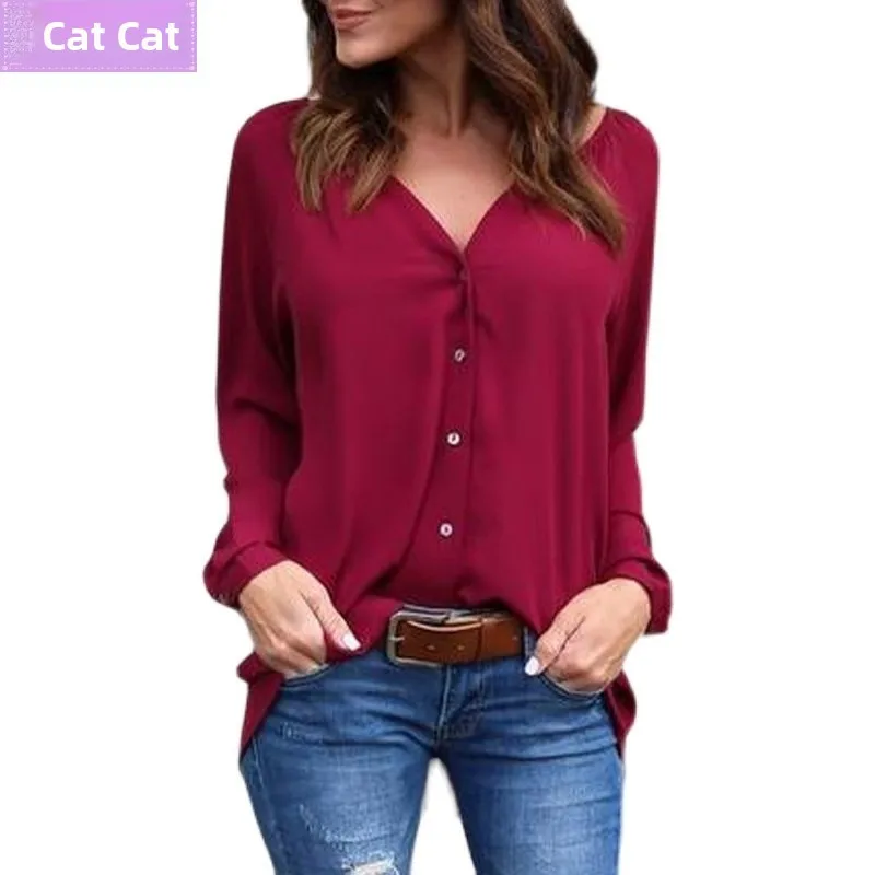 Camicetta lunga in chiffon Sve da donna estiva pieghevole Street Sle vestibilità ampia giuntura in poliestere V-Ne top di media lunghezza in puro colore