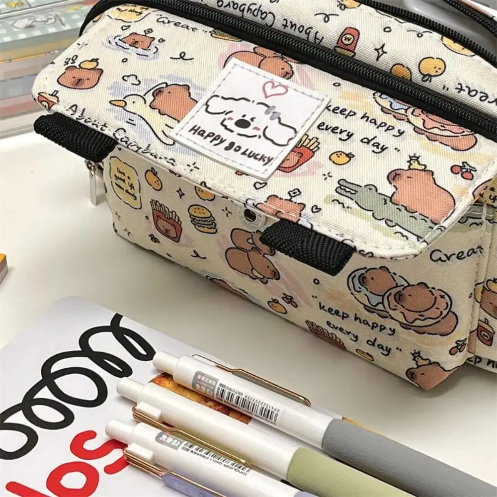 Imagem -05 - Grande Capacidade Capivara Padrão Canvas Lápis Cases Canetas Bonitos Bolsas Zipper Pencil Pouch Papelaria para Estudante Material Escolar