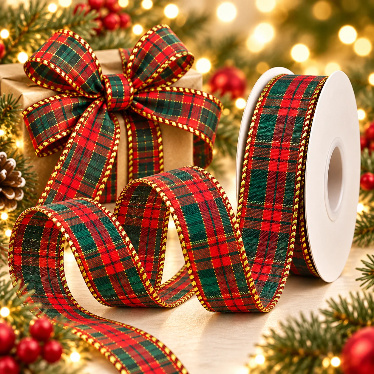 Christmas Plaid Ribbon with Gold Edge,Red Green Tartan Ribbon for DIY Gift Wrapping,Christmas Tree Bows,Wreaths & Holiday Decor