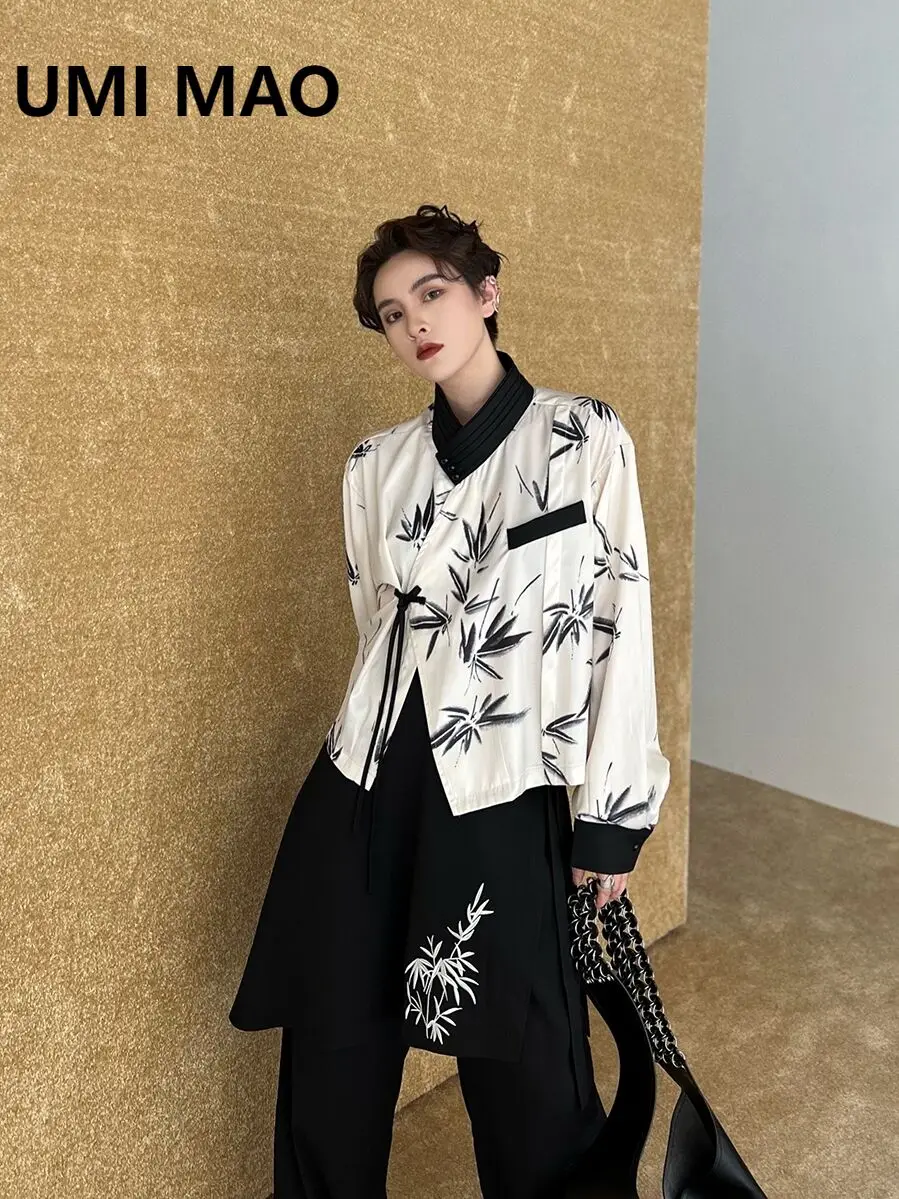 UMI MAO Dark Top Femme New Chinese Cross Collar Bamboo Leaf Print Long Sleeve Shirt Men's Women's Trendy Short Tops Y2K