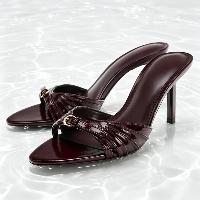 

Luxury Metal Buckle Detail Mule Sandals Women Unique Hollow Narrow Band Designer Shoes Fashion Open-toe Pointed-toe Slide Sandal
