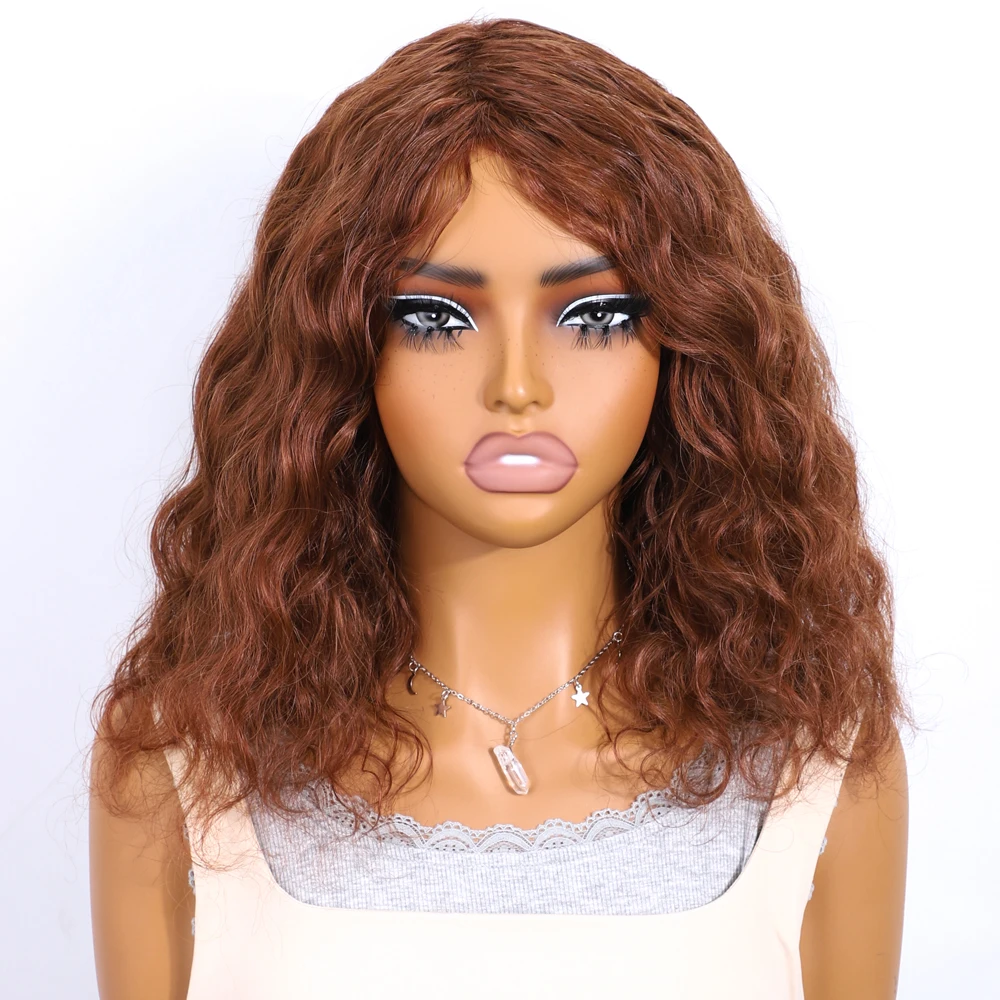 Big Fluffy Brown Mixed Blonde Glueless Bob Curly Wig With Fringe Bangs Honey Curly Bob Wigs Human Hair Side Part Pre Plucked image 2
