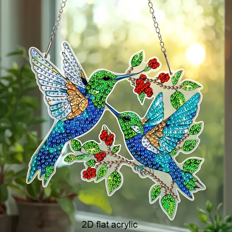 Kit de Pintura de Diamantes Acrílicos Planos DIY, Dos Colibríes en una Rama de Árbol Roja, Decoración Colorida para Habitación, Arte de Cristal Brillante para el Hogar