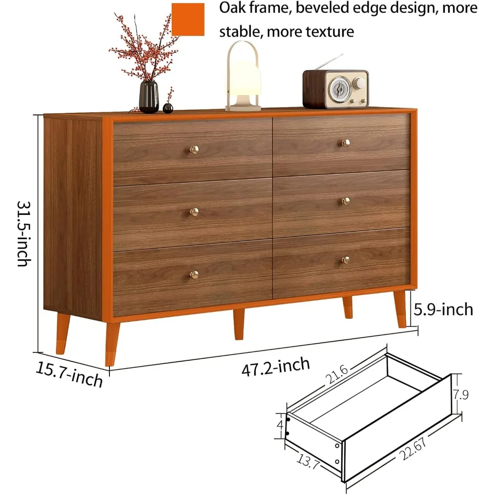 6 Drawer Dresser for Bedroom Furniture.Wood Dressers & chests of Drawers.Beveled Edge Design, Hand-Polished