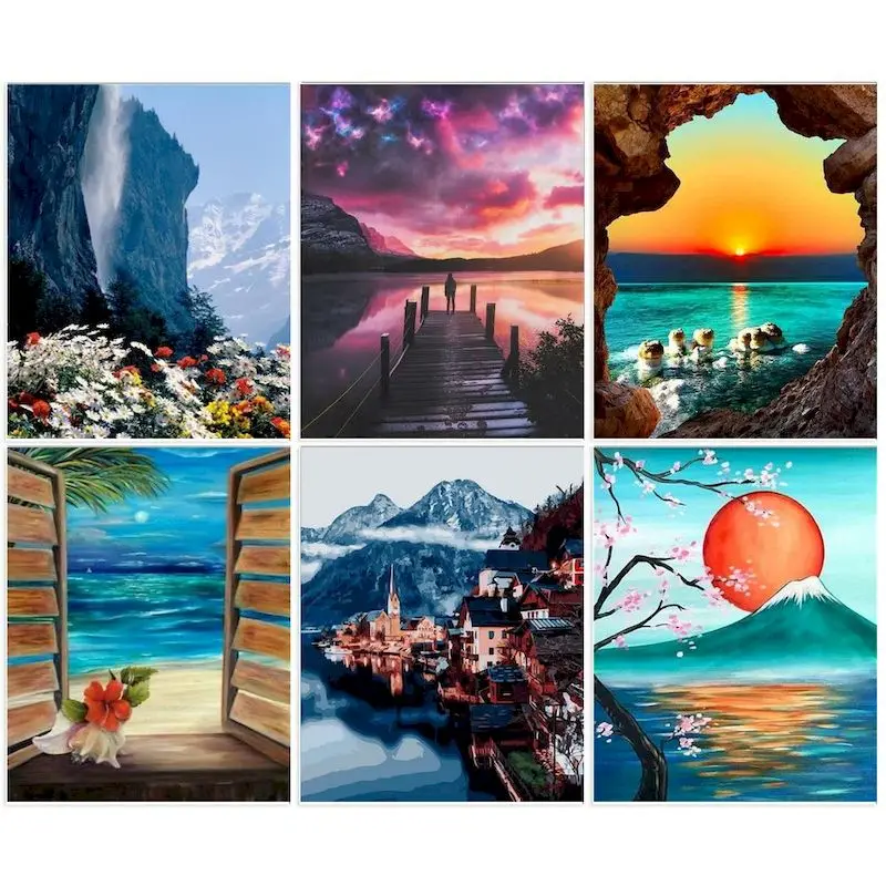 

CHENISTORY DIY Frame Coloring By Number Landsape Kits For Adults Drawing Handpainted Oil Painting Sunset Scenery Home Decor Gift