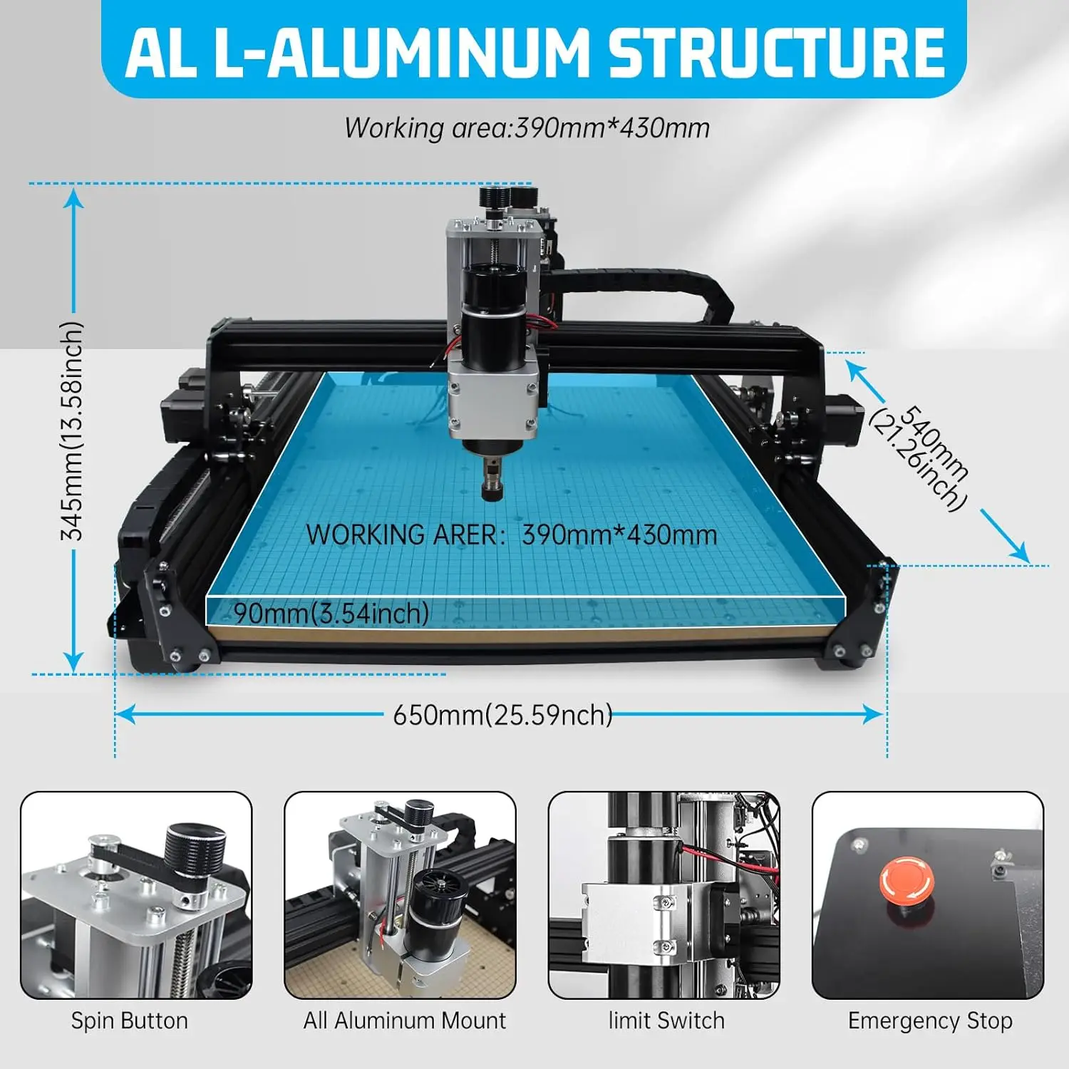 Routermachine, 500W Spindel 3-assige Freesmachine W/Offline Controller/E-Stop/Limiet