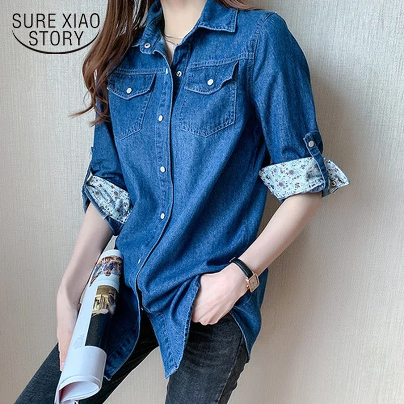 Spring New 2024 Vintage Denim Button Up Shirt Coat Korean Long Sleeve Top Women Jacket  Loose Casual Blouse Women 11968