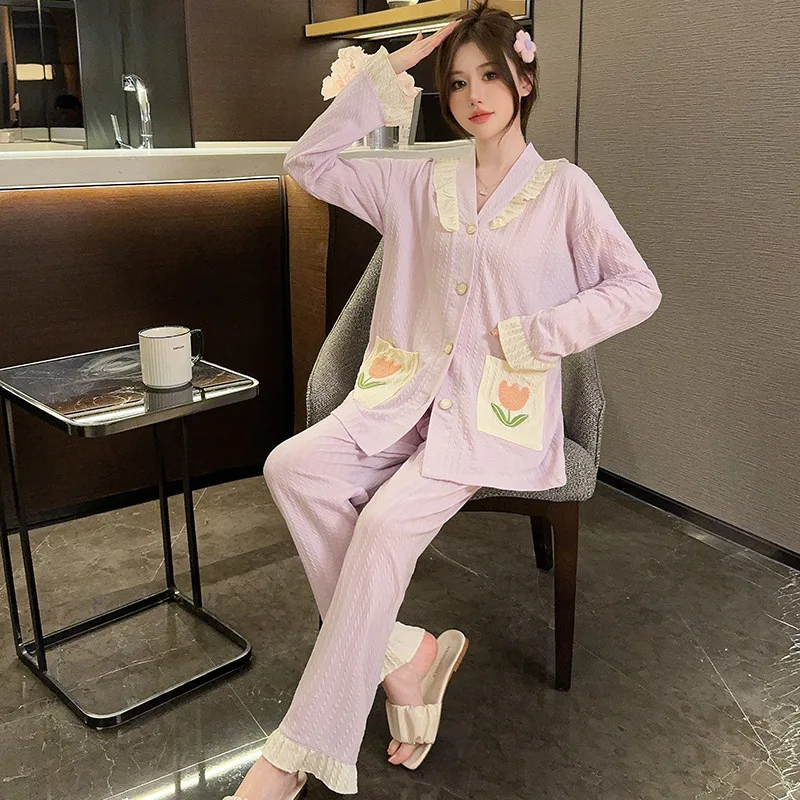 طقم بيجامة نسائية بأكمام طويلة ، قميص بأزرار ، بنطلون طويل ، ملابس فضفاضة ، ملابس منزلية للطلاب البنات ، ملابس منزلية ، مقاس كبير 5XL ، الخريف