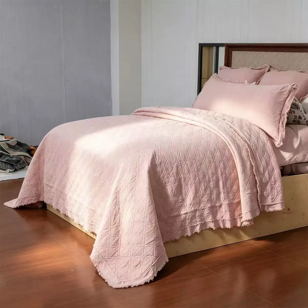 3pcs Pure Cotton Quilted Bedspread Quilt Lotus Leaf Bed Cover Queen King Size Embroidery Blanket Solid Coverlet Non-slip Sheet