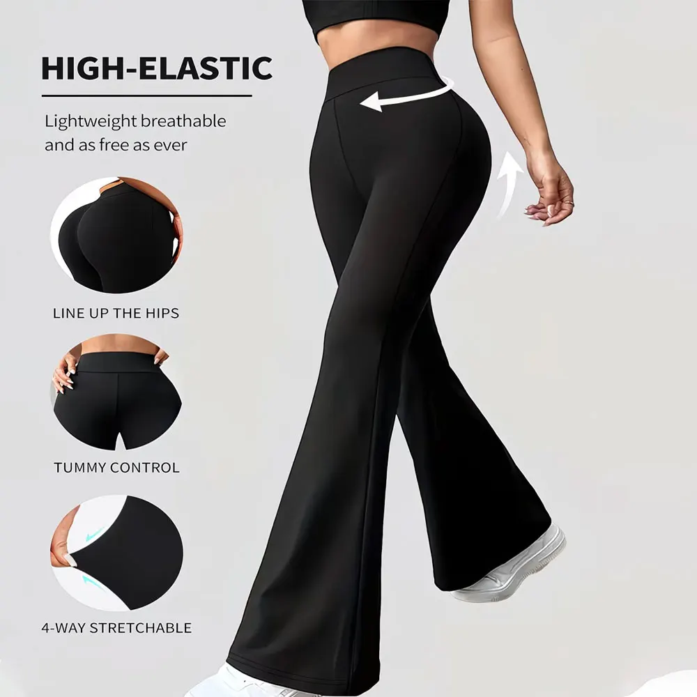 

Women High Waist Bootcut Pants Stretch Tummy Control Wide Leg Trousers Opaque Fabric Black Soft Fashion Bottoms For Slim Figures