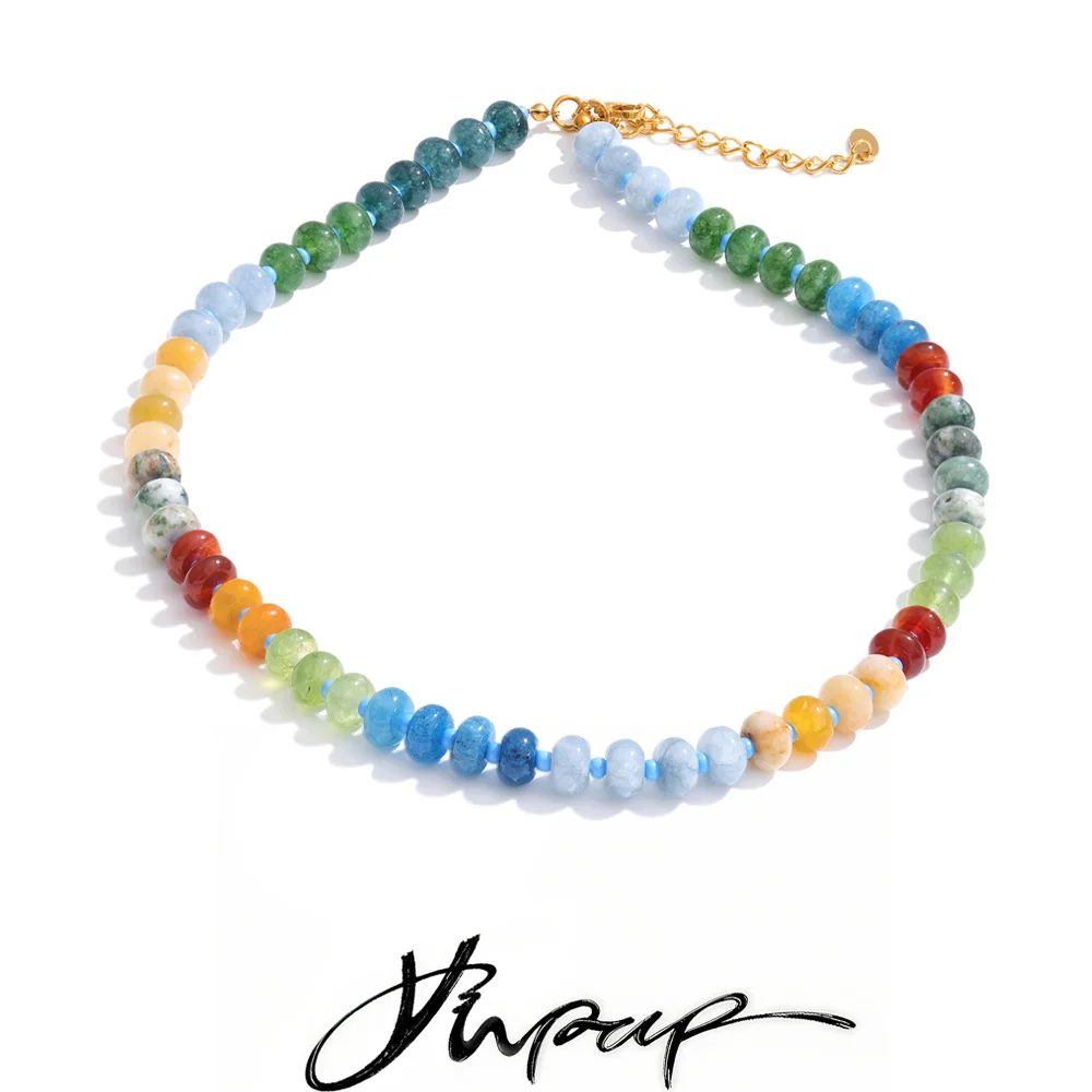 Yhpup Stainless Steel Natural Stone Beads Chain Necklace for Women Waterproof Arrivals Exquisite Handmade Jewelry Gift