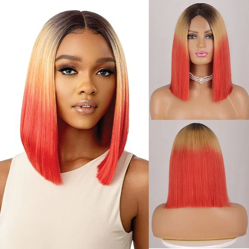 Perucas Ombre Red Bob para mulheres, peruca curta reta da parte média, resistente ao calor sintético, cabelo falso, comprimento do ombro, festa cosplay