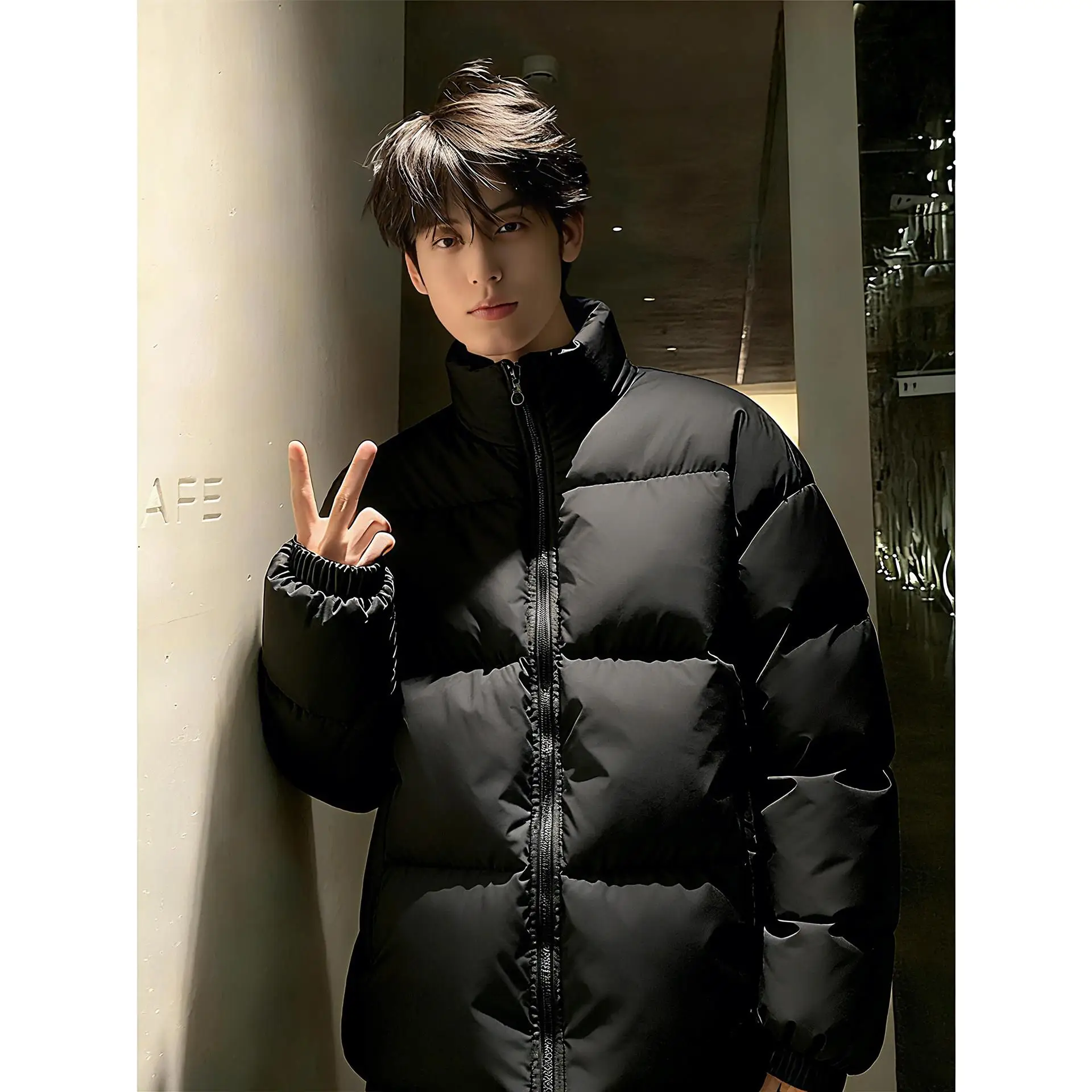 

Black Lightweight Duck down Jacket Men's Winter Jacket Stand Collar Short Bread Style Polyester Fiber Youth Fashion Warm Wate...