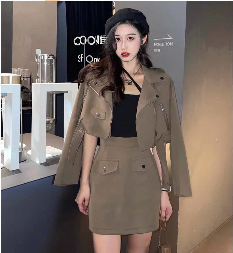 Spring women's short motorcycle jacket temperament short skirt two-piece set