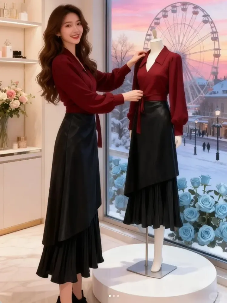 

Ретро Гонконг Sle для похудения, винно-красный топ и юбка с высокой талией, комплект из двух предметов для женщин, осенне-зимняя мода