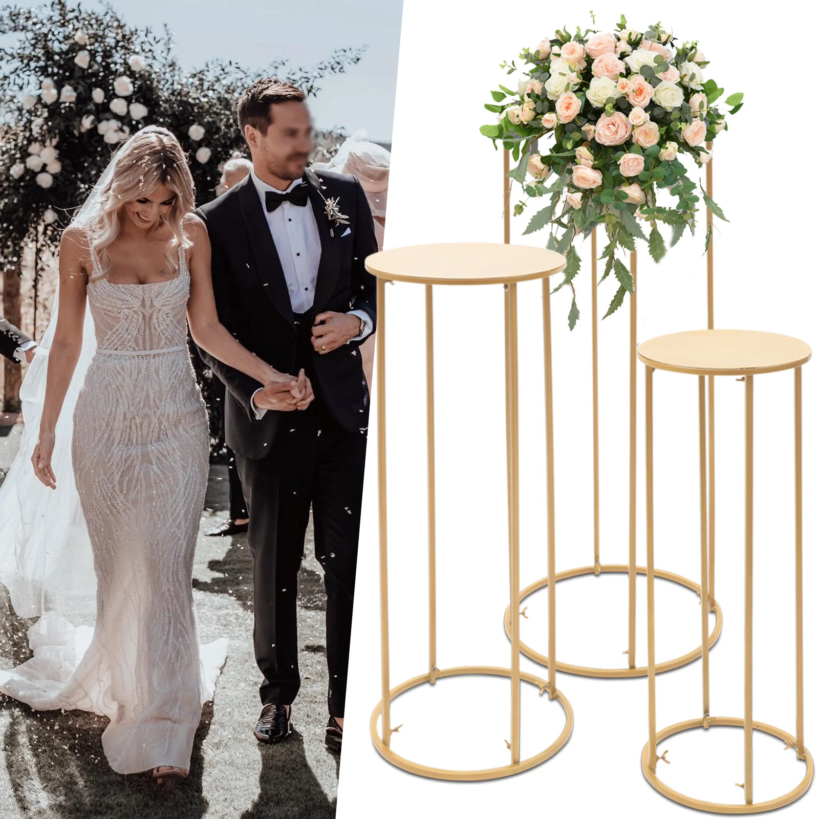 3Pcs Gold Flower Stands Metal Round Floor Vase Column Rack Wedding Centerpiece Prop Decor Display Holder for Wedding Party