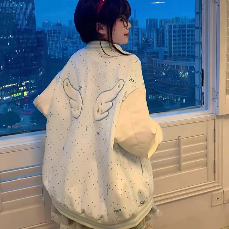 Embroidered Wings White Baseball Jacket Women Loose Lazy Casual Sweet Coat Long Sleeve Fall Winter Polka Dot Korean Outwear