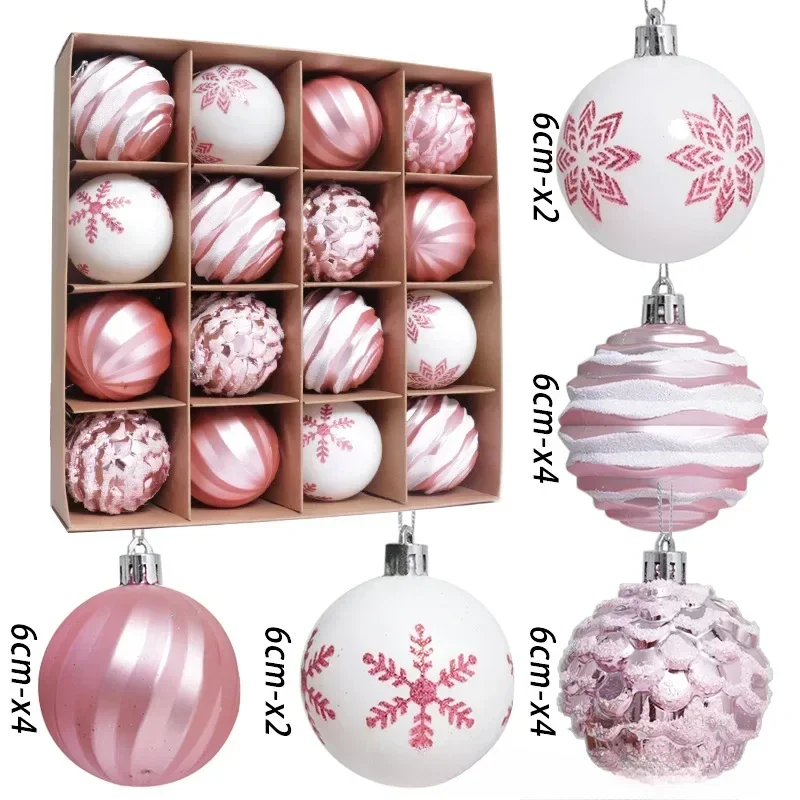 Christmas Ball Decoration 6cm 16pcs Pink White Red Baubles Christmas Tree Hanging Pendant For 2025 Home Navidad Noel Xmas Party