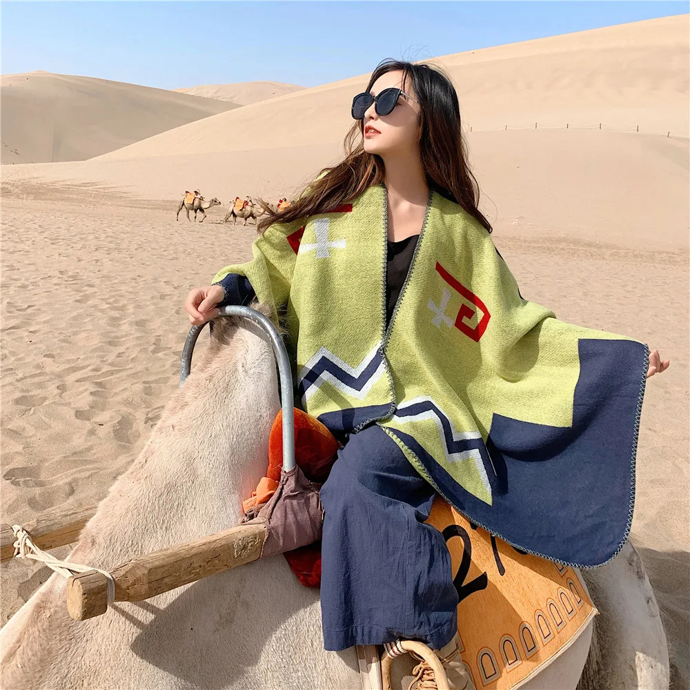 Thickened Poncho Scarf Women's Travel Photography Split Ethnic Style Warm Versatile Cape Spring Autumn Winter Vintage Cloak 1