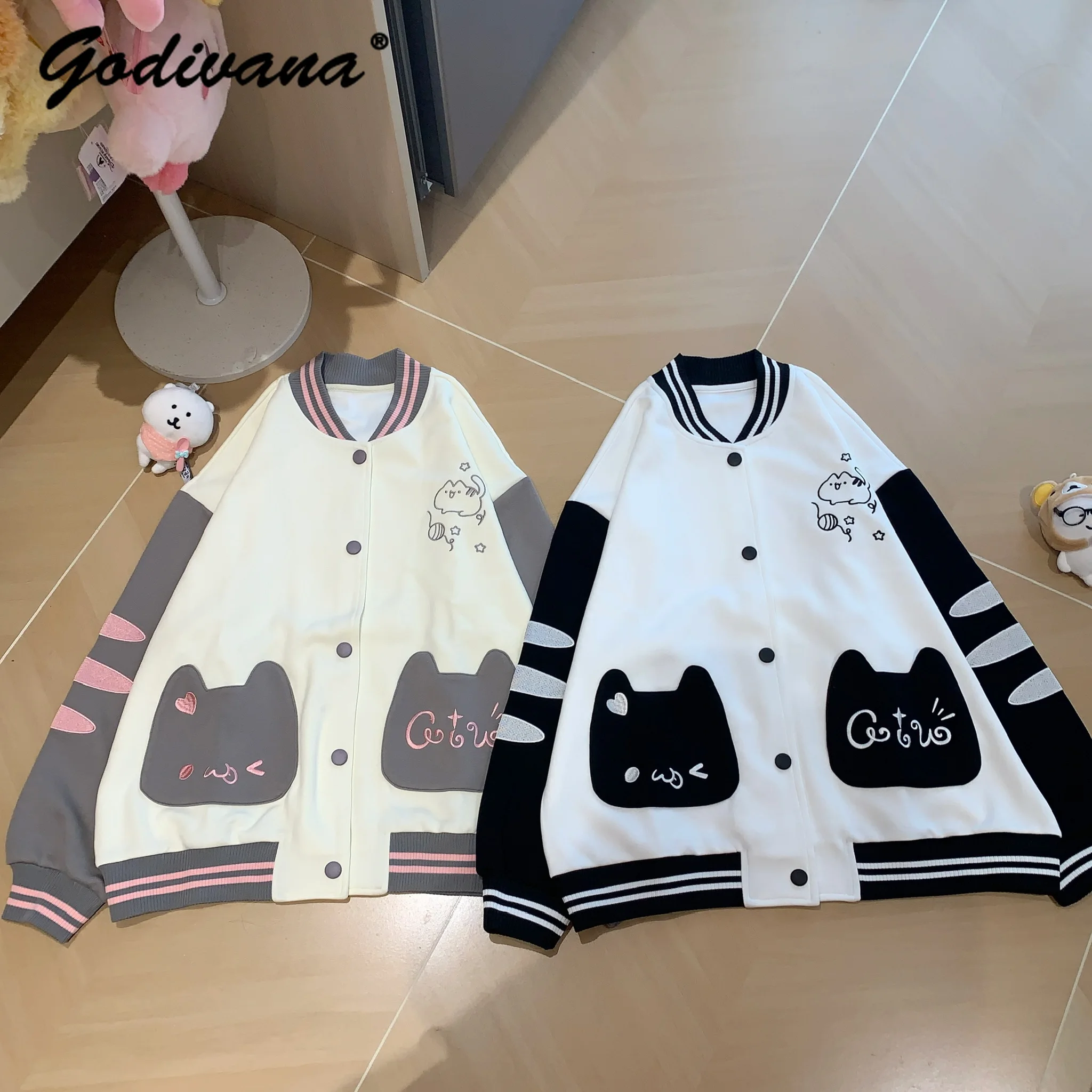 

Autumn New Girl Students Cute Kitten Color Block Embroidered Baseball Jacket and Short Skirt Two Piece Set Women's Skirt Suits