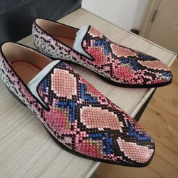 New Fashion Mixed Colors Snake Skin Pattern Loafers Luxury Genuine Leather Shoes For Men Handmade Slip On Flats Dress Shoes