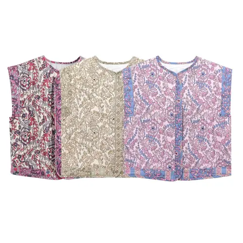 Imagen 1 del producto Zevity 2024 mujeres Vintage cuello redondo Patchwork estampado Floral acolchado algodón chaleco chaqueta femenina sin mangas algodón chaleco Tops CT332
