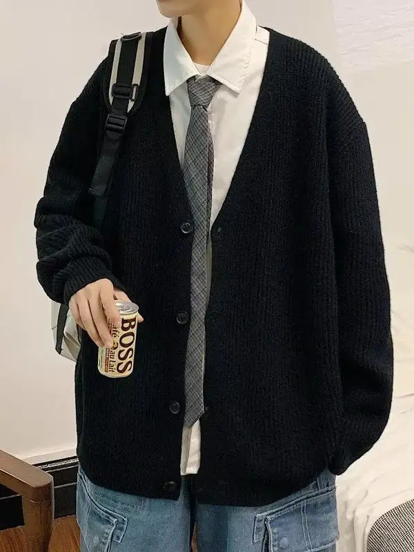 

Japanese Sle Color Men's Knitted Sweater Coat V-Ne Casual White Autumn Winter Briti Retro Simple Faion Polyeste...