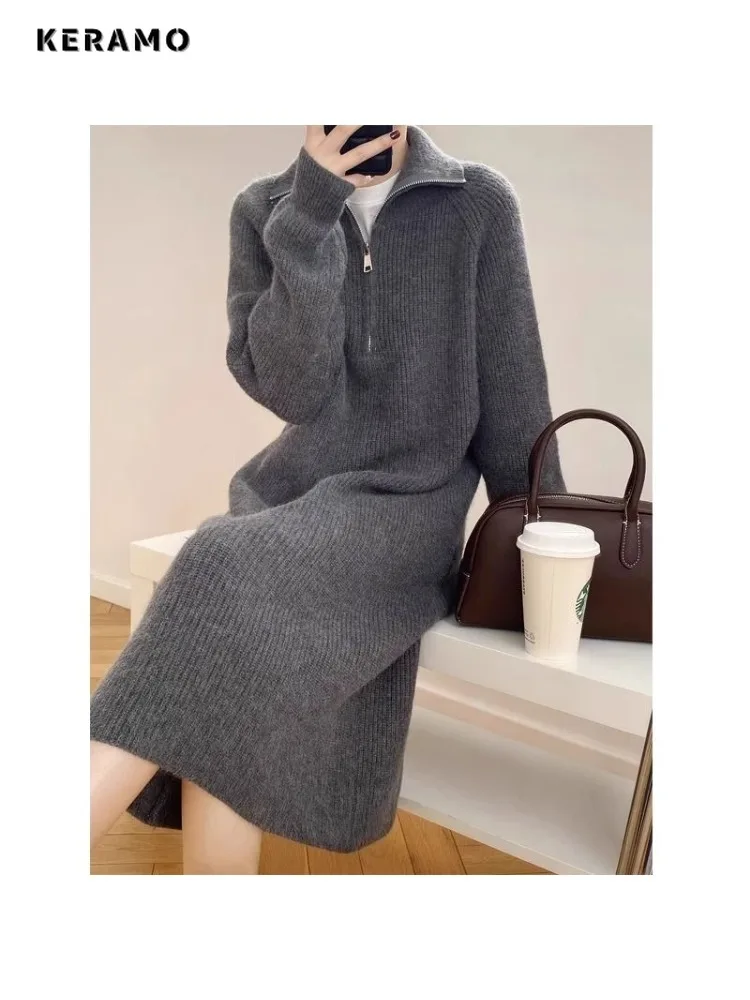 

Women Vintage Style Solid Color X-long Knitting Long Sleeve Dresses 2025 Winter Casual Fashion Oversized Simple Grey Sweater