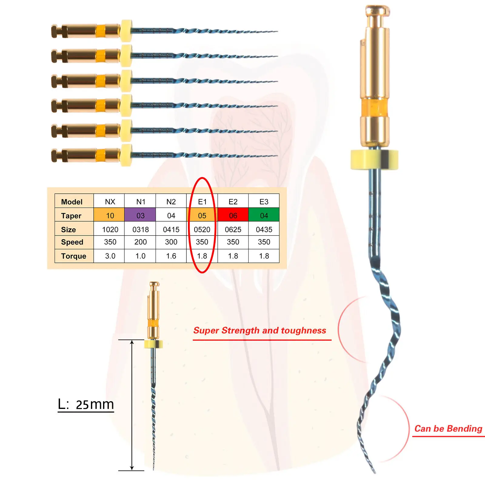 6Types Dental Niti Super Vijlen Motor Roterende Tip Flexibele Endodontie Endo Motor Wortelkanaal 25Mm