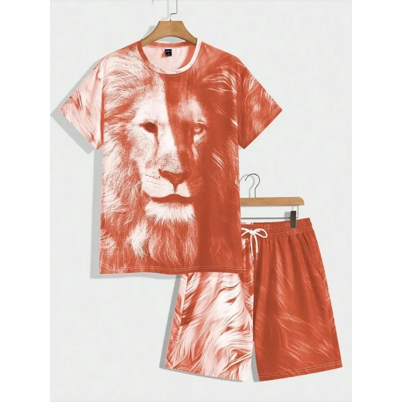 2025 Fashion 3D Printing Lion Print Summer Daily Casual Men's Sports Short Sleeved Shorts Street Trendy Set
