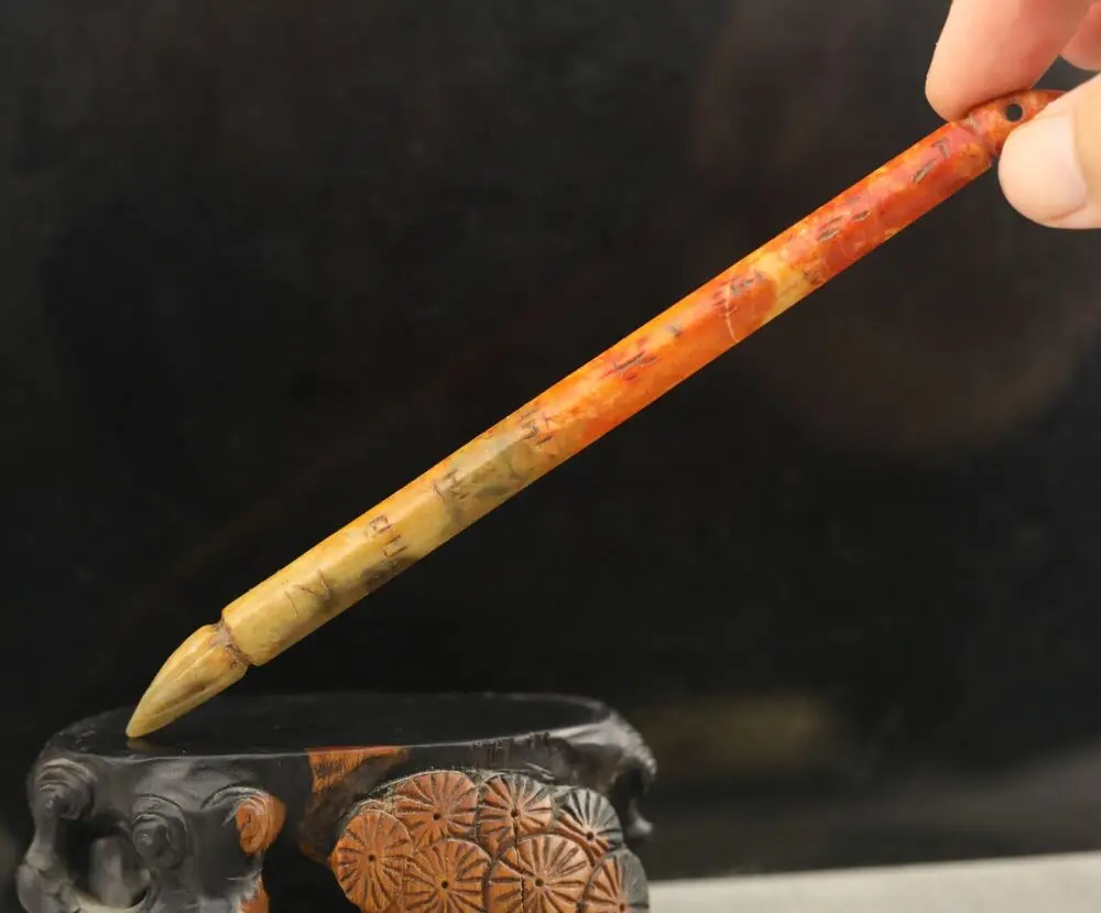 Old natural jade hand-carved statue of ancient words writing brush hairpin