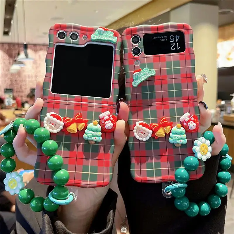 Cute Santa Claus Christmas Tree Rabbit Flower Bracelet Phone Case For Samsung Galaxy ZFlip3 Z Flip4 Z Flip5 Christmas Hard Cover