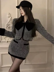 UNXX French-style Elegant Set: High-end Bow Wool Short Coat and Bodycon Skirt, Women's Autumn/winter Two-piece Outfit Hot Sale